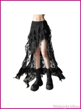Goth Lace Hi Low Maxi Skirt A-Line Flowy High Waisted